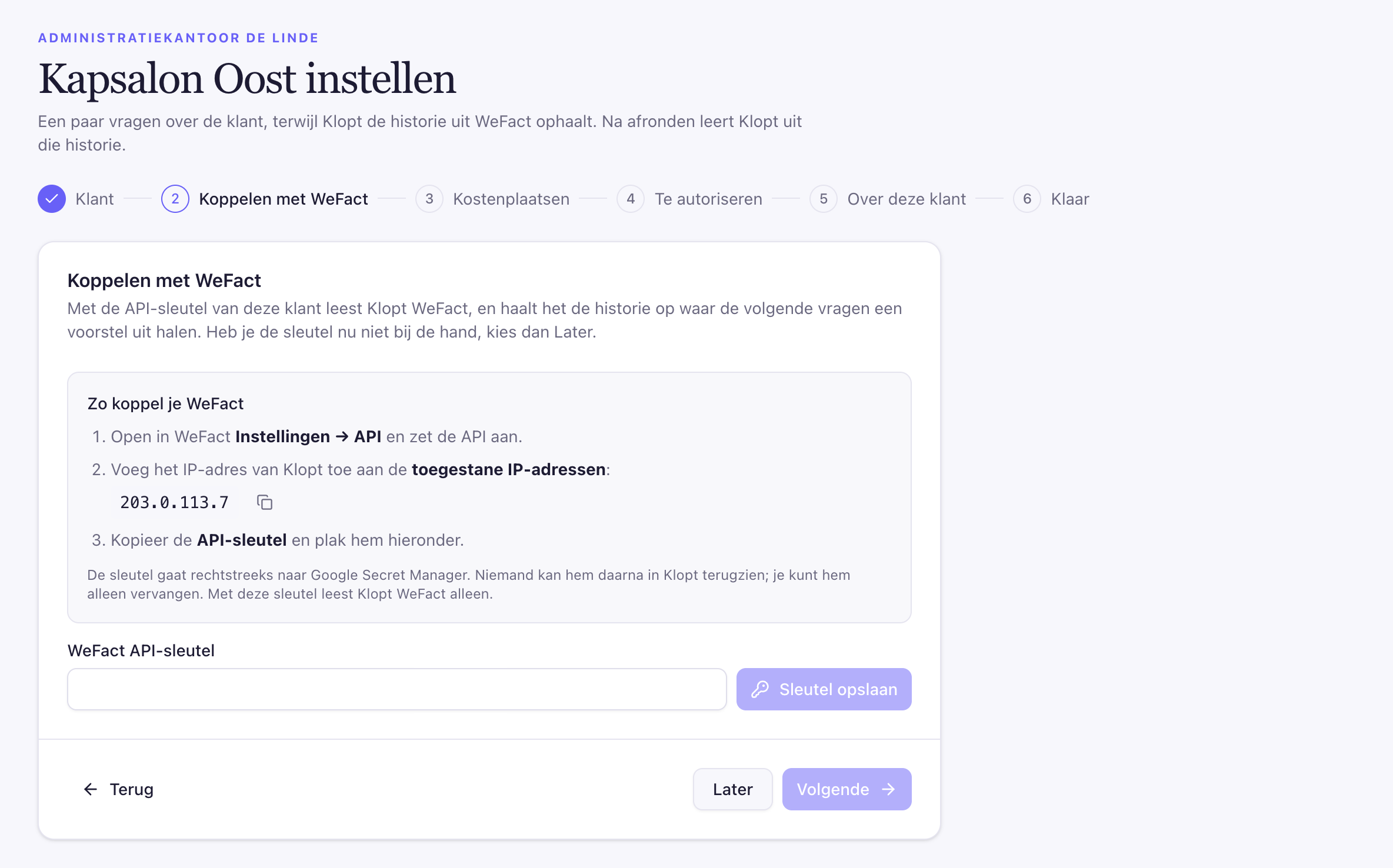 De stap Koppelen met WeFact, met het blok Zo koppel je WeFact en het IP-adres van Klopt
