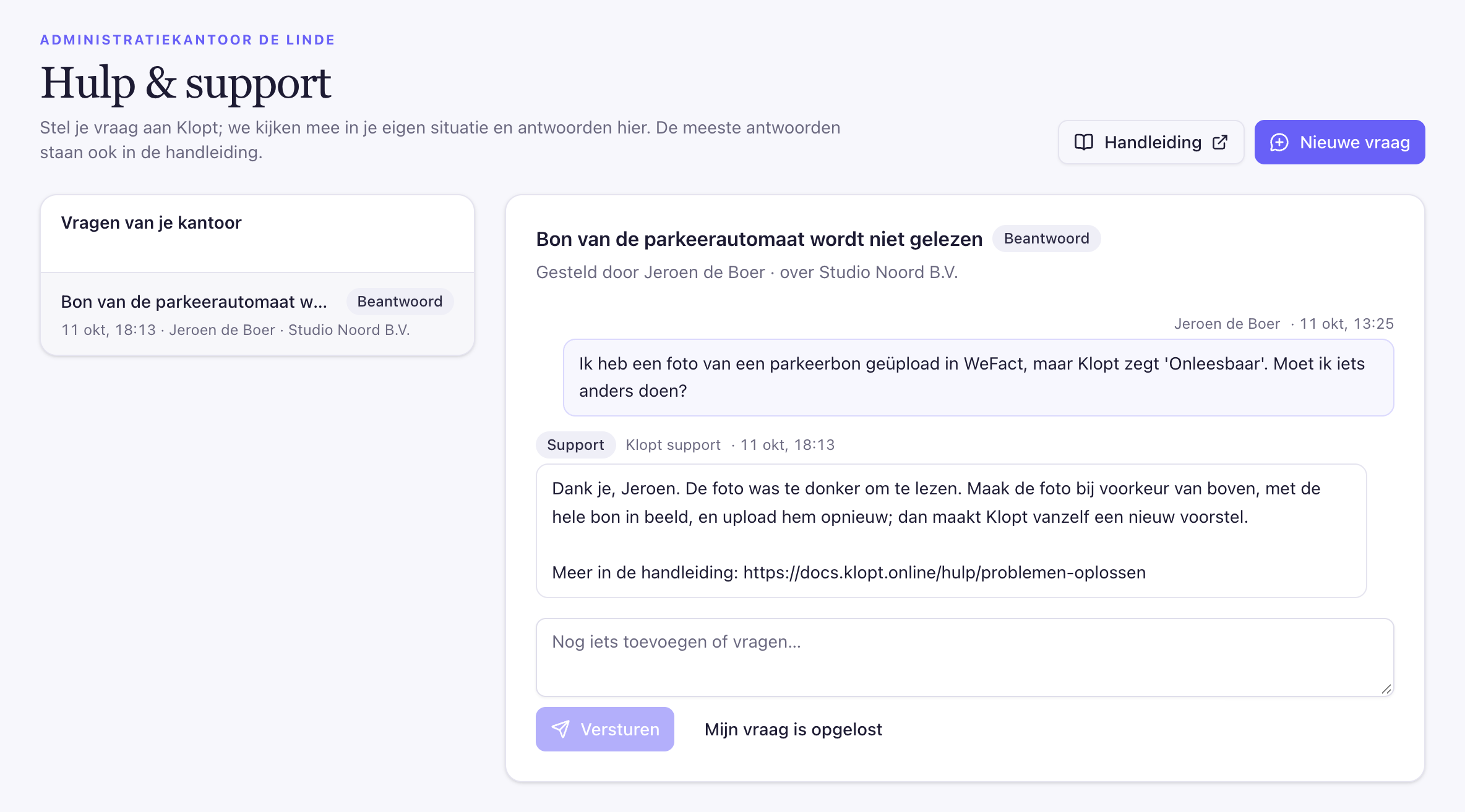 Hulp & support met een gestelde vraag en het antwoord van de support