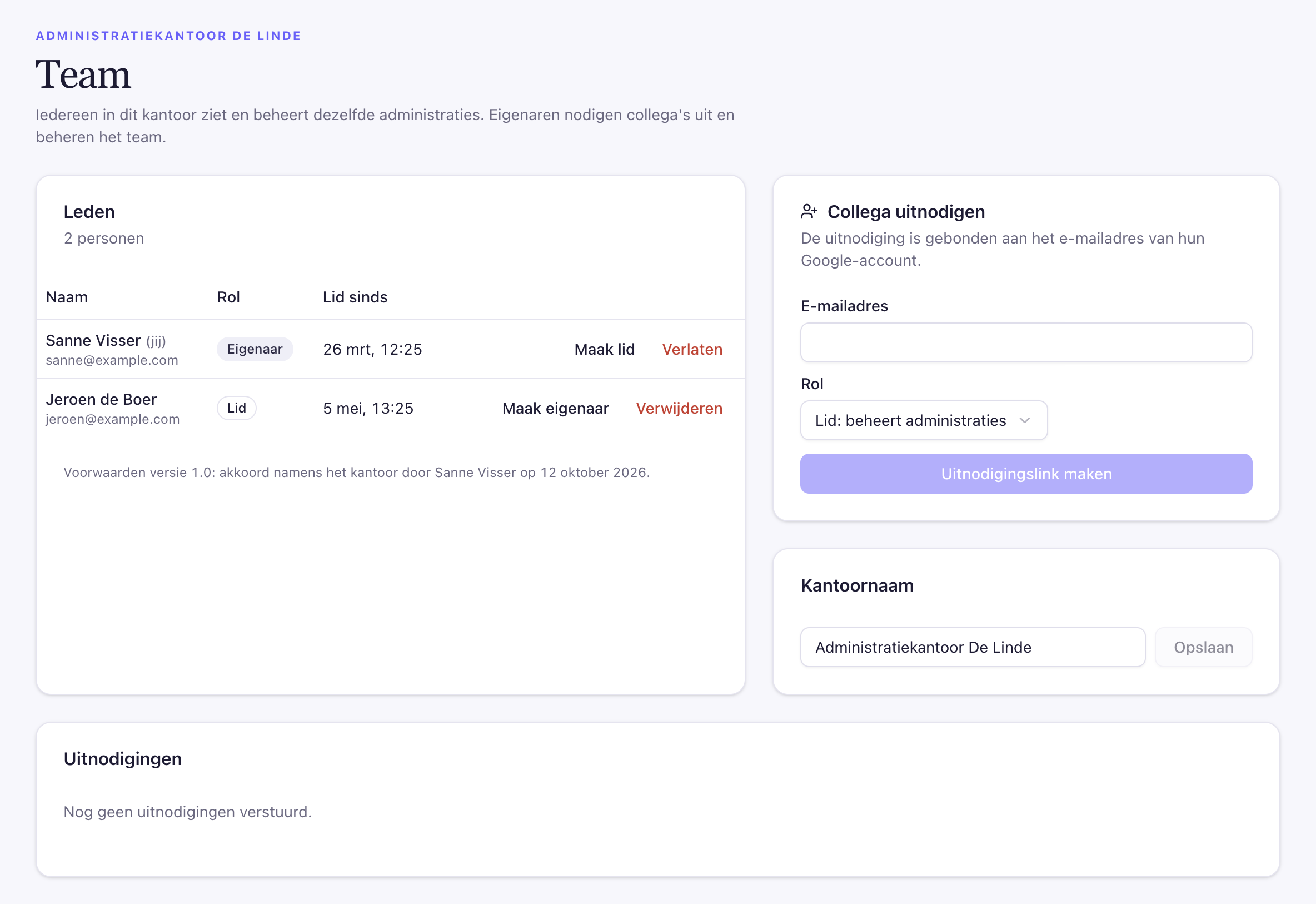 De pagina Team met leden en de kaart Collega uitnodigen